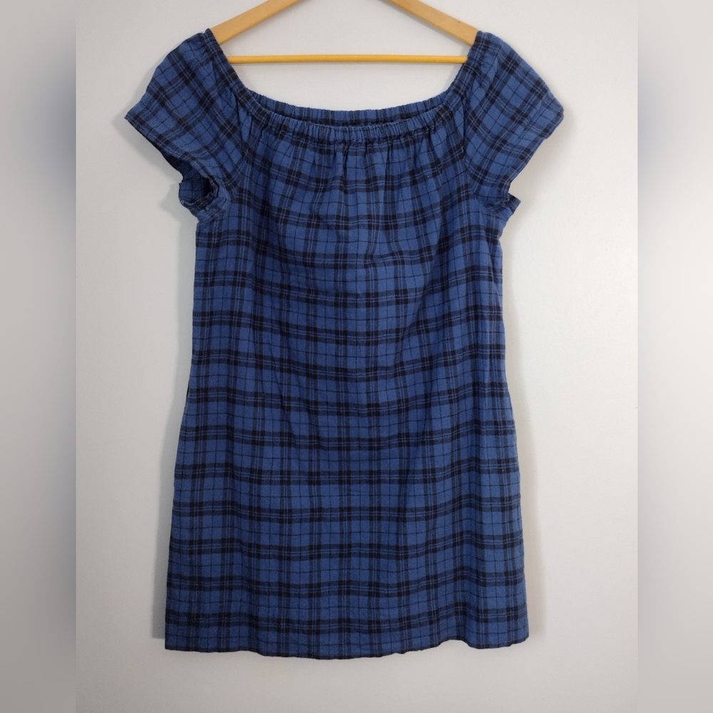 Madewell linen cotton blue plaid off the‎ shoulder sundress dress